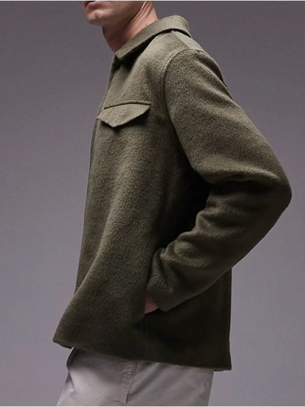 Topman Textured Zip Shacket features a soft, fuzzy fleece texture in khaki sz.M